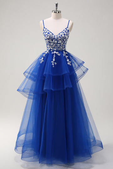Royal Blue A-Line Tiered Long Appliqued Formal Dress with Sequins